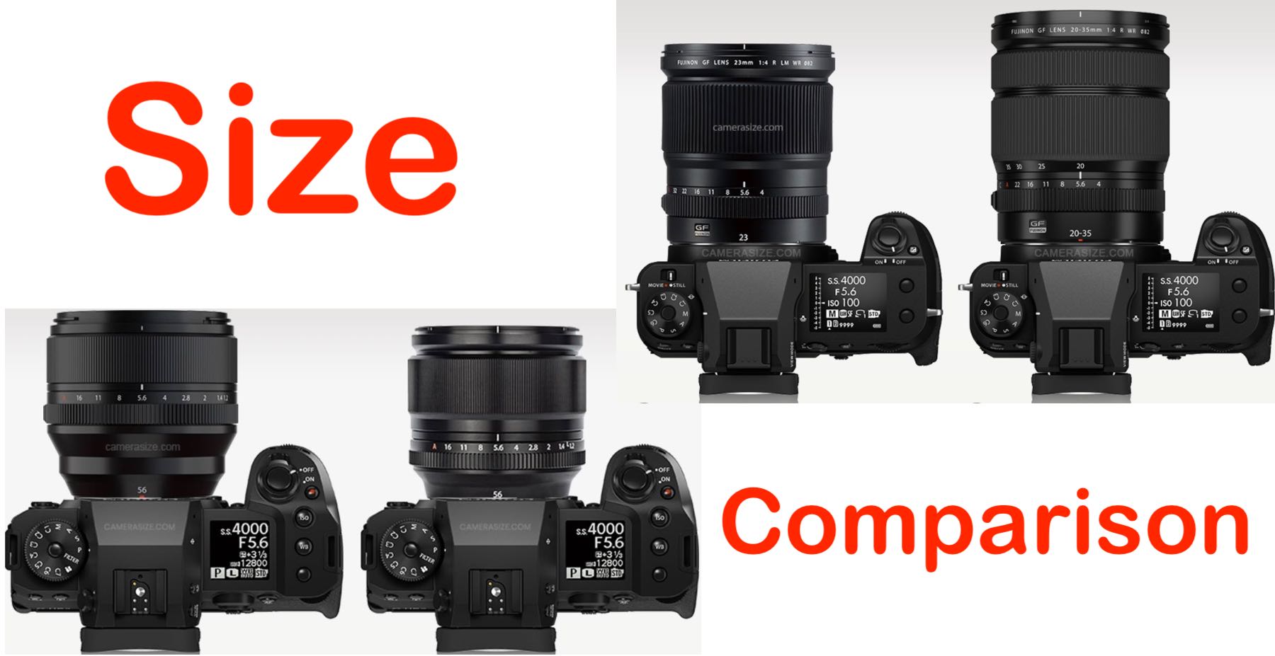 Size Comparison XF56mmF1.2 R vs XF56mmF1.2 R WR and GF20-35mmF4 vs